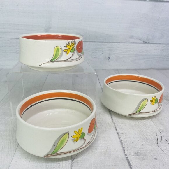 Mancer Italy ORANGE YELLOW FLORAL Hand Paint Stackable Ceramic Bowl Set 3 Flaw - Picture 3 of 16